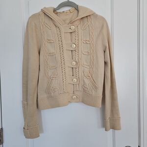Anthropologie Lia Molly Wool Cardigan W/Hood & Tab Closures Med Twee Prep